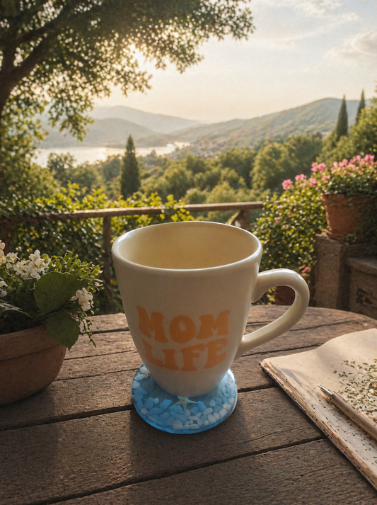 Sottotazza circolare in resina, azzurro, con la scritta dorata "PAUSA VISTA MARE", decorato con stelle marine, conchiglie e pietruzze bianche e celesti.