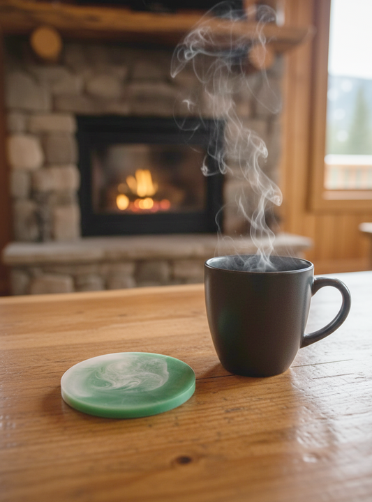 Sottobicchiere in resina epossidica, sfumature verdi e bianche, montagna, tema montagna, resina, resin, regalo, bomboniere