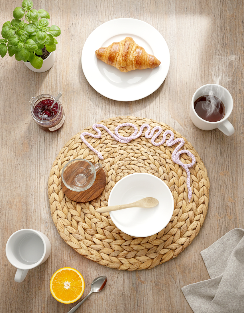 tovaglietta, colazione, pranzo, cena, giacinto d'acqua, mamma, tricotin, festa della mamma, regalo