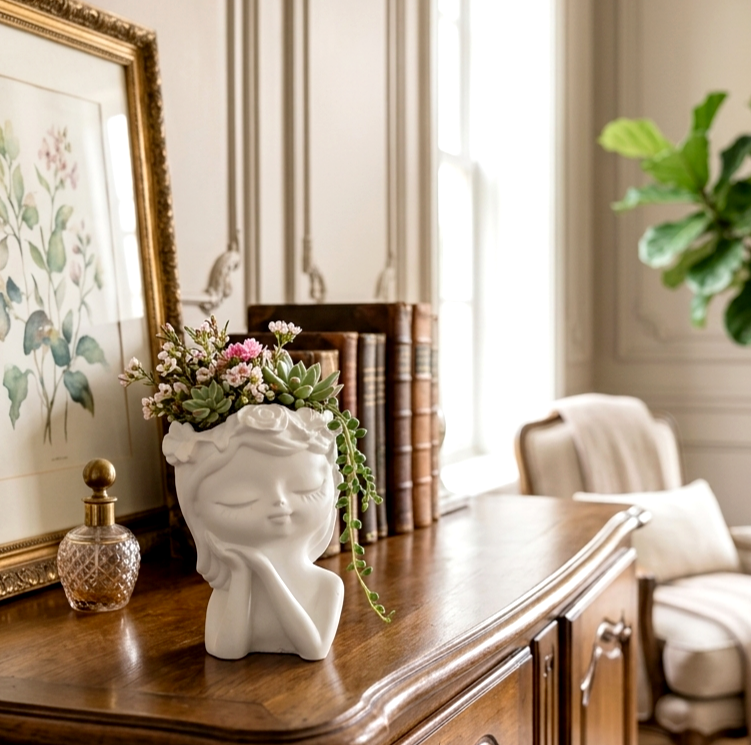 vaso, vaso decorativo, volto, bambina, riposo, calma, bomboniera, battesimo, comunione, cresima, matrimonio, utile, arredamento, arredo