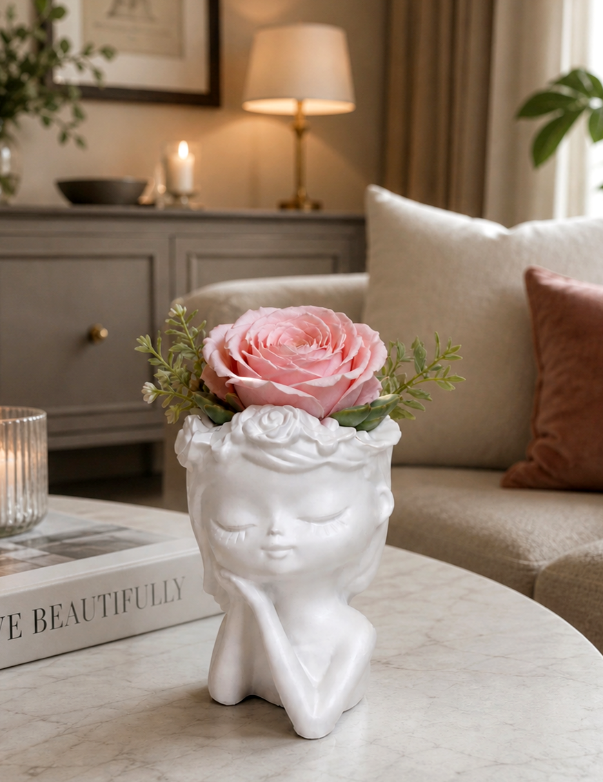 vaso, vaso decorativo, volto, bambina, riposo, calma, bomboniera, battesimo, comunione, cresima, matrimonio, utile, arredamento, arredo