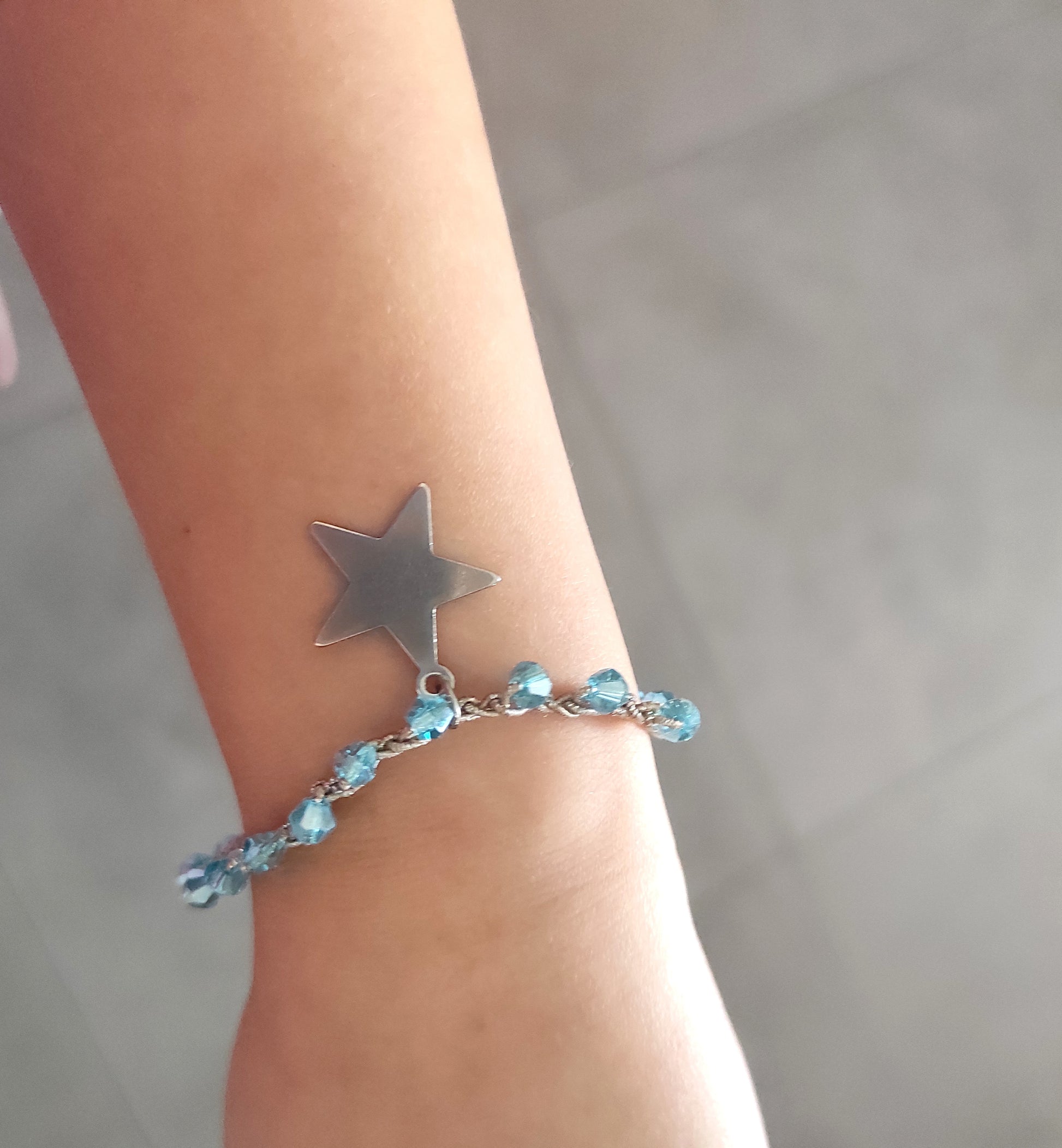 braccialetto, azzurro, perline, stella, uncinetto, chic, minimal, regalo, donna, outfit, acciaio, argento