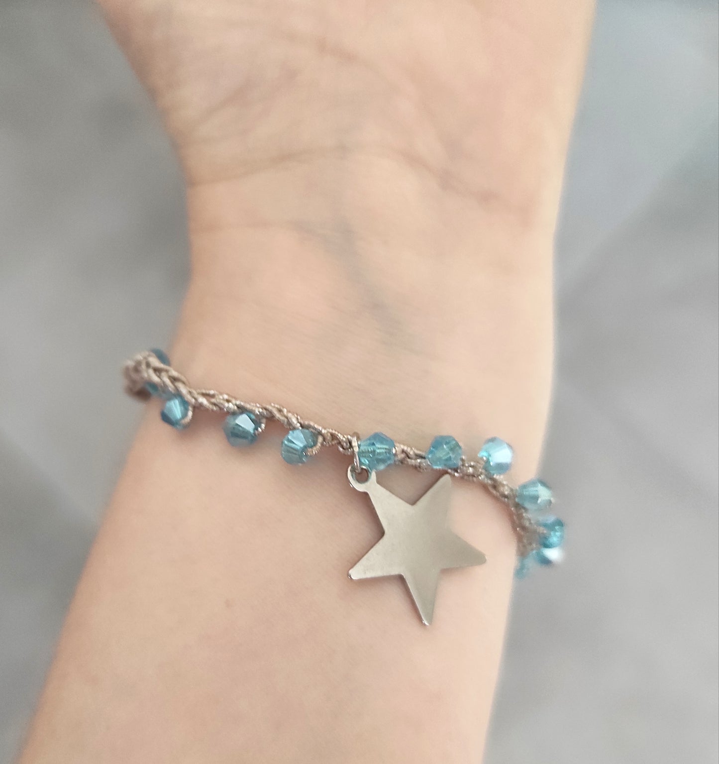 braccialetto, azzurro, perline, stella, uncinetto, chic, minimal, regalo, donna, outfit, acciaio, argento