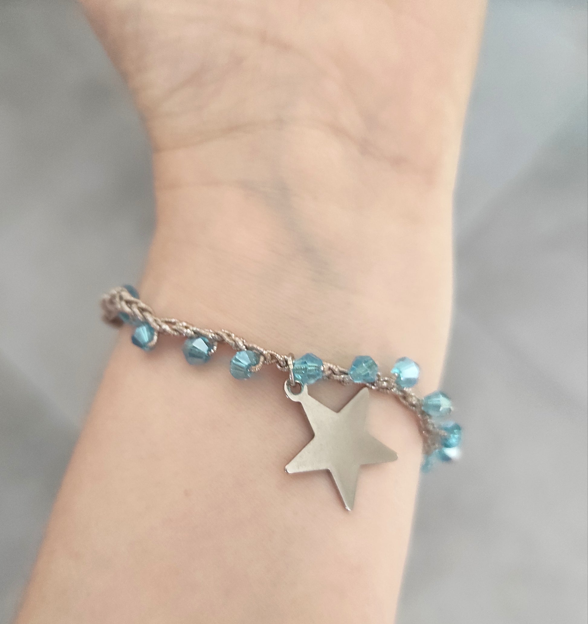 braccialetto, azzurro, perline, stella, uncinetto, chic, minimal, regalo, donna, outfit, acciaio, argento