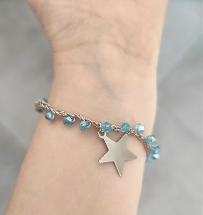 braccialetto, azzurro, perline, stella, uncinetto, chic, minimal, regalo, donna, outfit, acciaio, argento