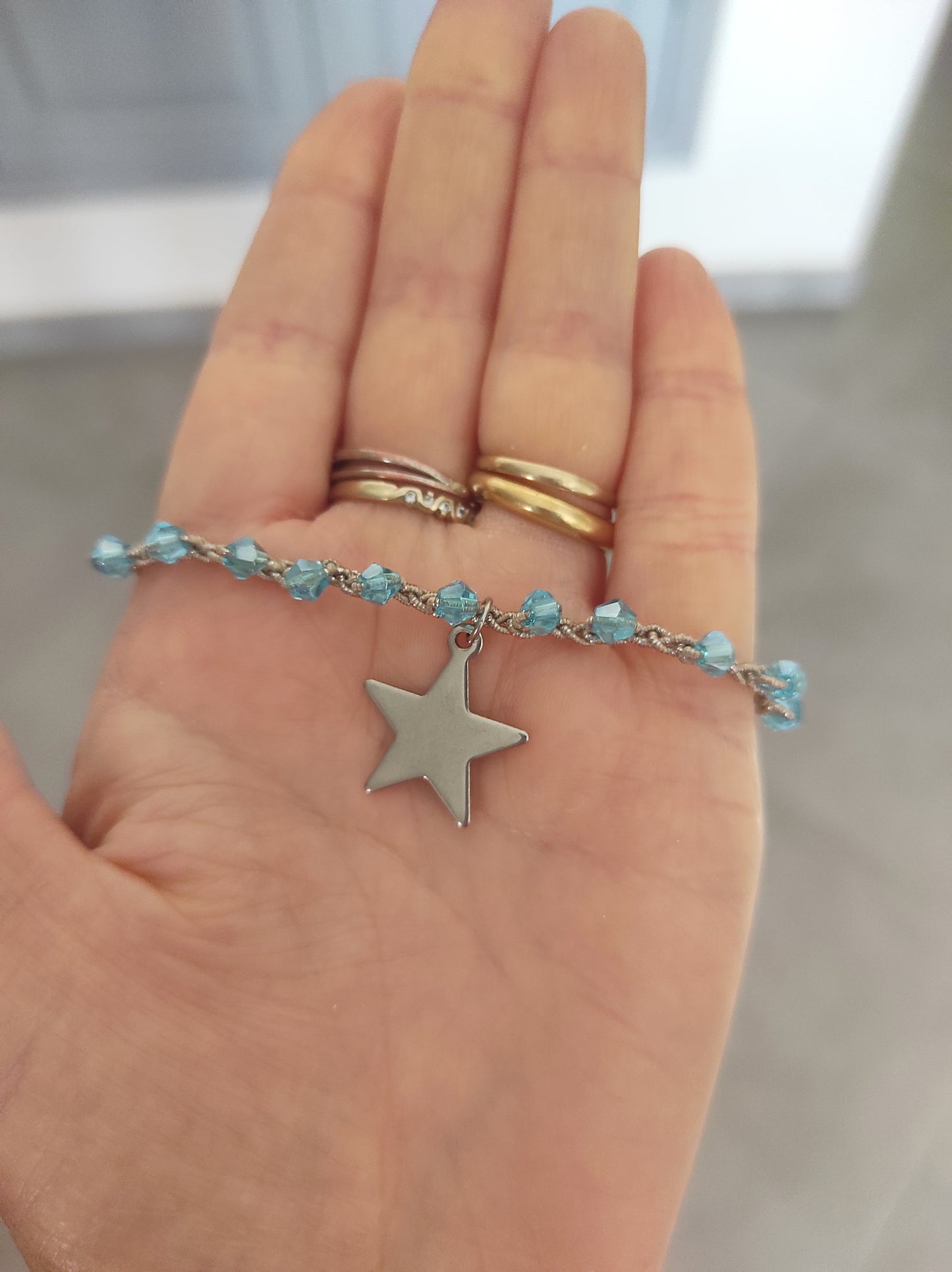 braccialetto, azzurro, perline, stella, uncinetto, chic, minimal, regalo, donna, outfit, acciaio, argento