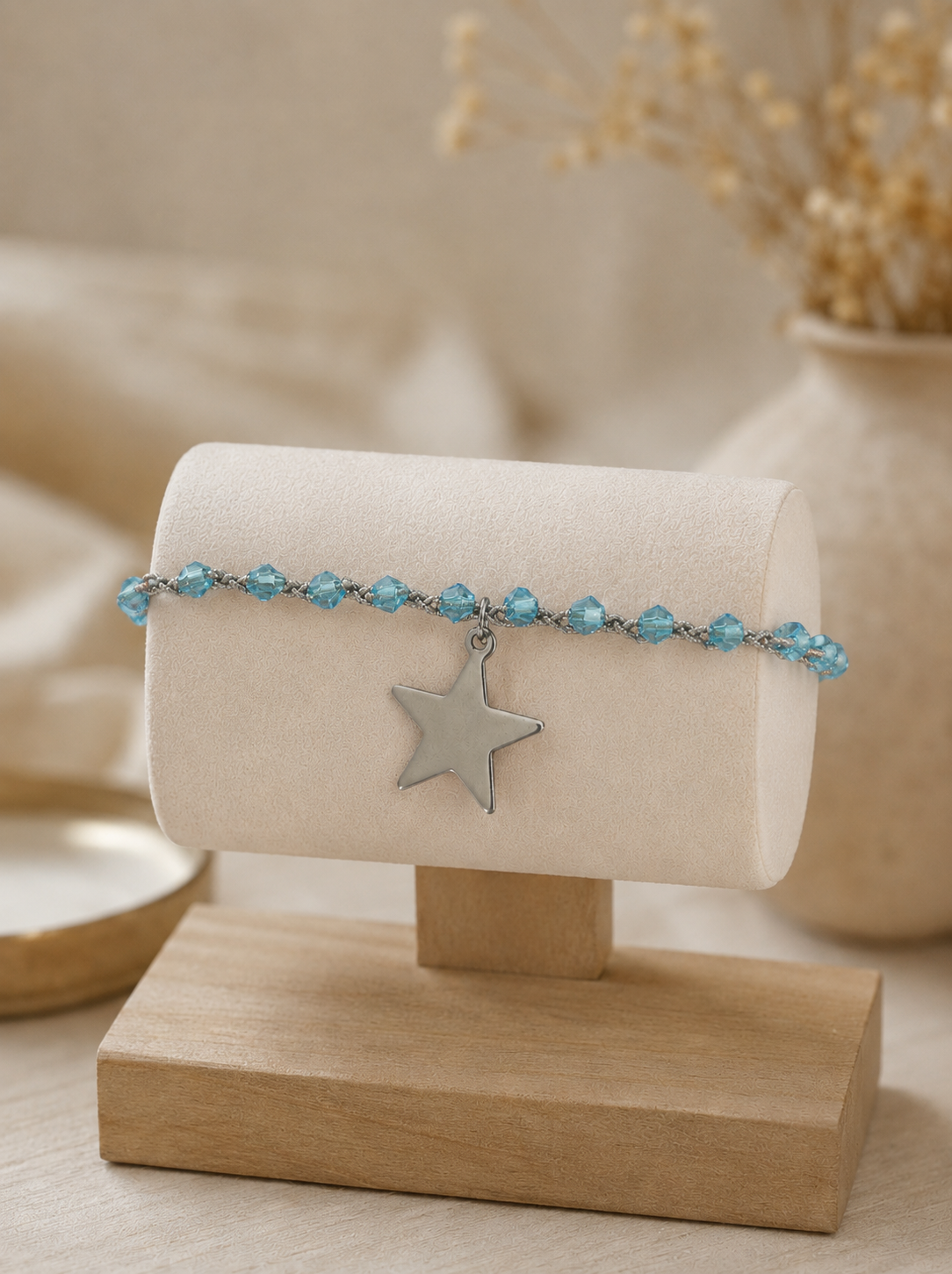 braccialetto, azzurro, perline, stella, uncinetto, chic, minimal, regalo, donna, outfit, acciaio, argento
