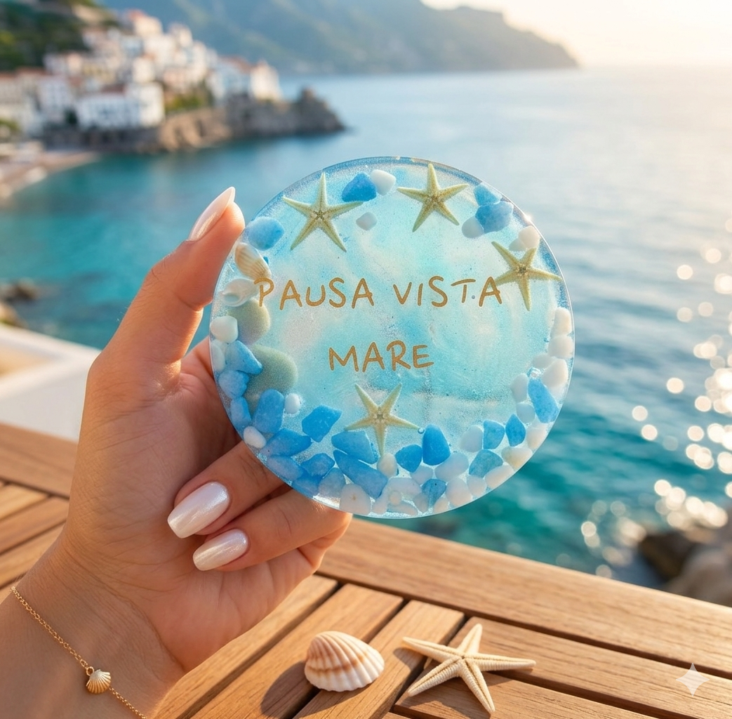 Sottotazza circolare in resina, azzurro, con la scritta dorata "PAUSA VISTA MARE", decorato con stelle marine, conchiglie e pietruzze bianche e celesti.