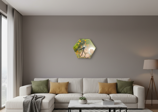 Orologio in resina epossidica, sfumature gialle, con alveari in legno, fiori secchi, resina, resin, orologio, regalo