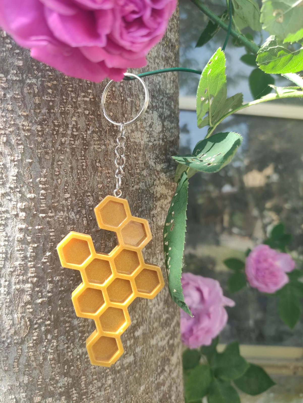Portachiavi resina, alveare, giallo, ambra, hive, resin, regalo, battessimo, comunione, cresima, matrimonio, bomboniera