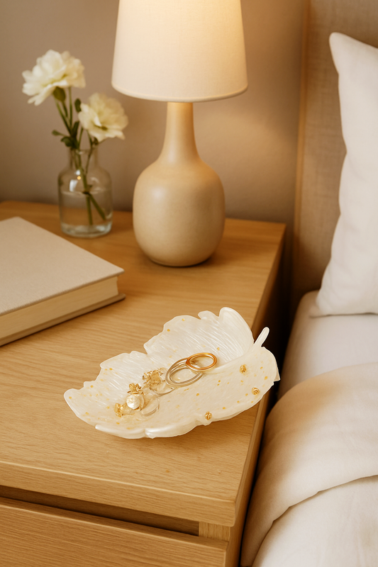 svuotatasche foglia, bianco, bianco perlato, foglie oro, portagioielli