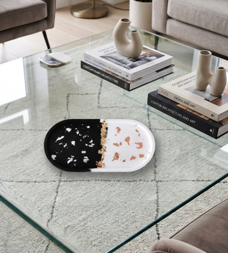 svuotatasche, resina, resina ecologica, arredo, casa, portagioielli, resina, regalo, black, white, giorno, notte